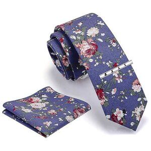Floral Printed Necktie Tie Clip Pocket Square Sets Blue